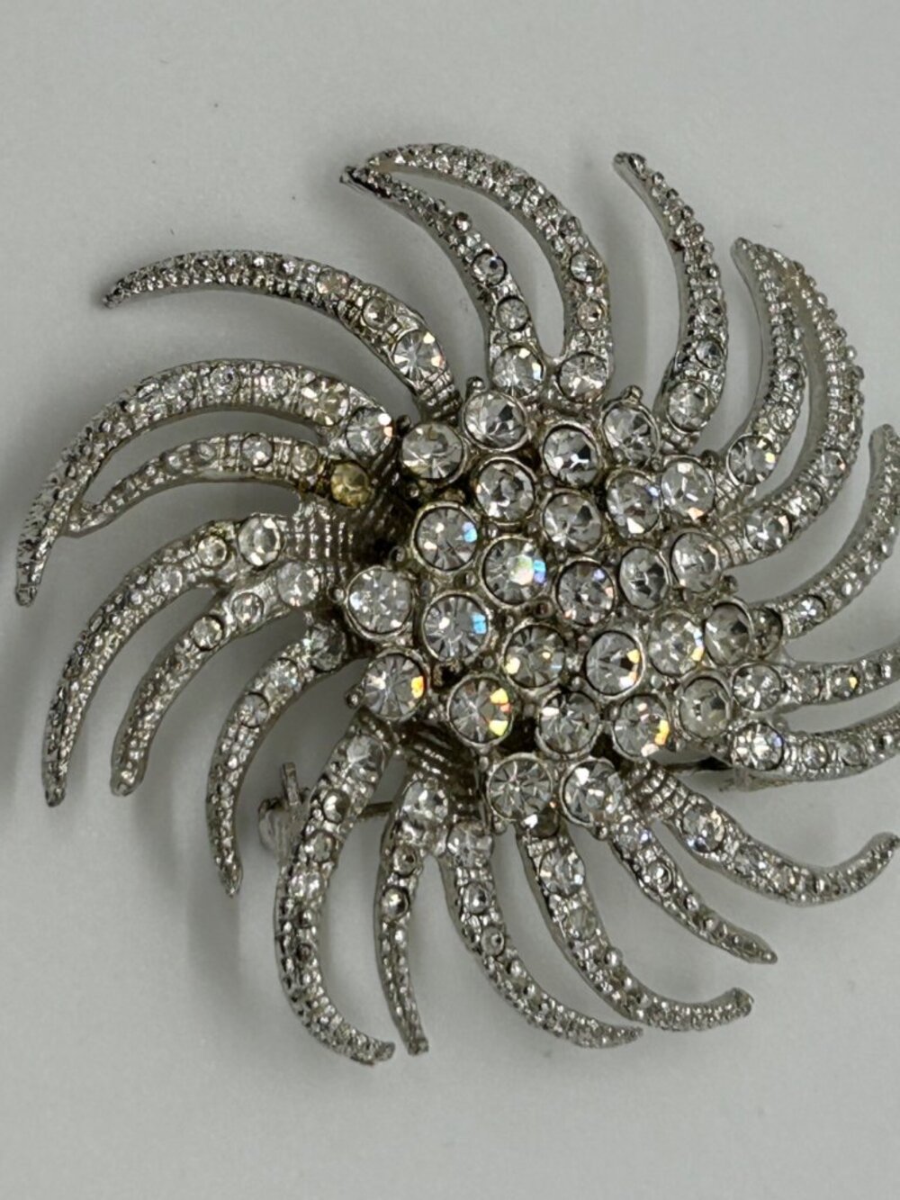 Vintage Silvertone Brooch Sunburst Starburst Swirl Rhinestone Retro Mid-Century - Picture 2 of 16